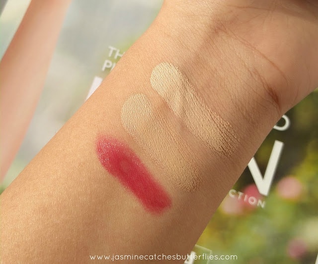 Essence Camouflage Cream Concealer Natural Beige Sheer and Shine Lipstick  I Feel Pretty Swatches