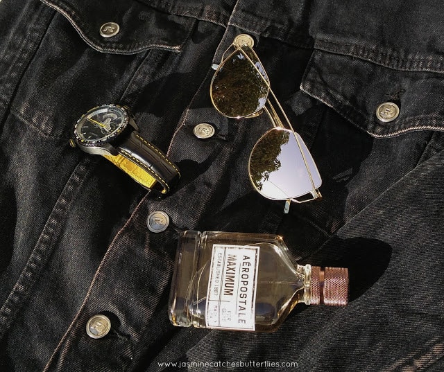 Tag Heuer Watch, Black Denim Jacket, Zaful Metal Bar Golden Frame Pilot Sunglasses, Aeropostle Maximum Perfume