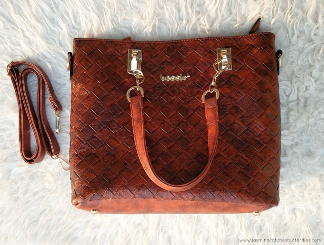 Rose Gal Brown PU Leather Weave Tote Bag