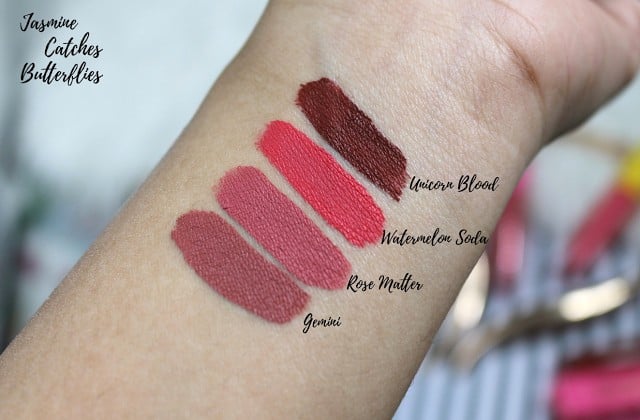 Swatches of Jeffree Star Velour Liquid Lipsticks: Gemini, Rose Matter, Watermelon Soda, And Unicorn Blood