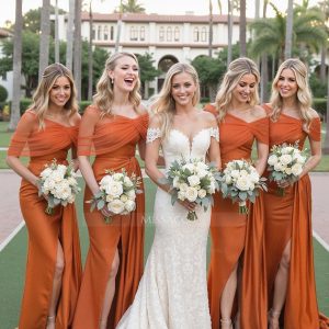 Beautiful bride with bridesmaids holding bouquets on lush green court.