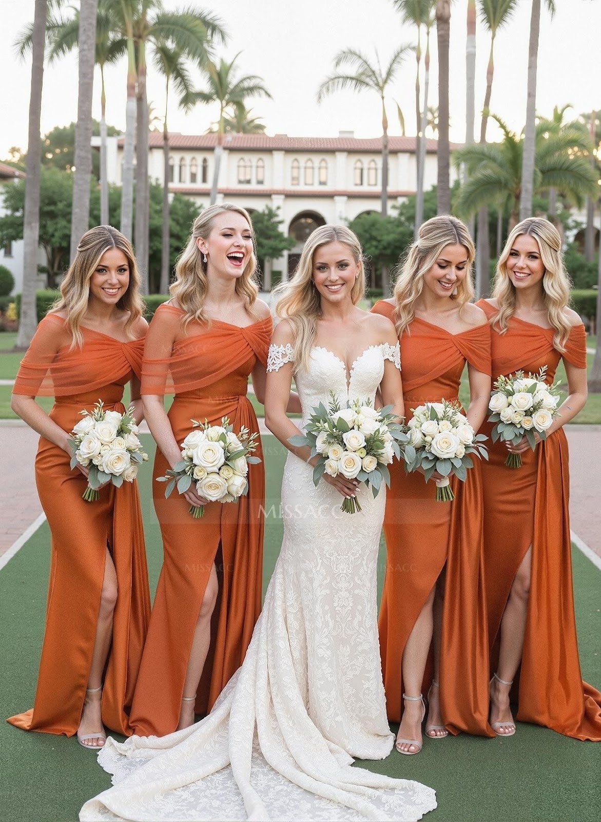 Beautiful bride with bridesmaids holding bouquets on lush green court.